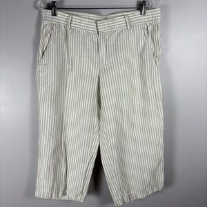 Liz Claiborne Women's Large Beige Linen White‎ Stripe Elastic Waist Capri Pants